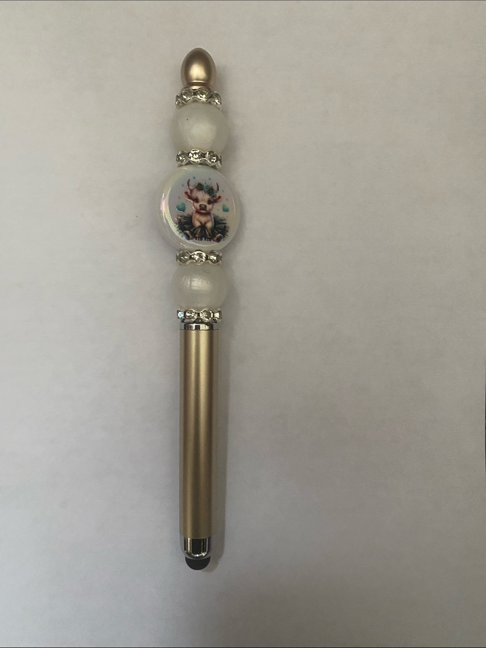 Hand Crafted Gold and White Beaded Stylus Pen with Highland Cow